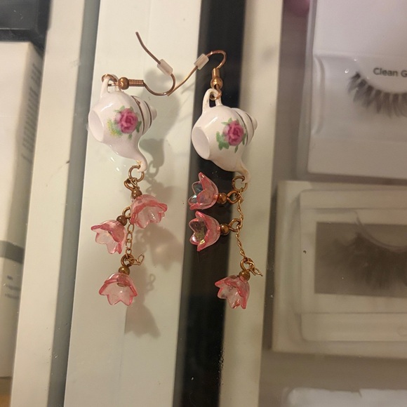 The Unbranded Brand Jewelry - Pink Floral Teacup Drop Earrings with Dangle Flower Charms
